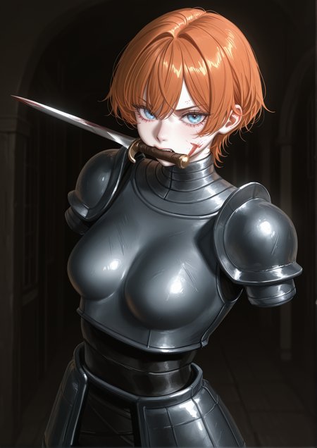 masterpiece, best quality, newest, absurdres, highres, new, solo, 1girl, blue eyes, orange hair, d'arce \(fear & hunger\), steel armor, angry, mouth hold, dagger, double amputee, no arms, armless, standing, upper body, blood on face, missing limb, dungeon interiors, dark , looking at viewer <lora:d'arce_Illustrious-000012:1>, nixeu:0.95,solipsist:0.45,au \(d elete\):0.9,yui \(tamagohan\):0.25,zuiz