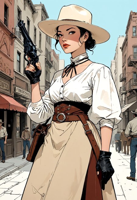 Art by moebius, Illustration, Style inspired by combining the art of Ryo Takemasa and Mike Mignola, J.C. Leyendecker Style page, best quality, masterpiece, dark, closeup, (Cel Shaded Art, 2D, flat color, toon shading, cel shaded style), close up from below of a Western gunslinger, black eyes and short straight hair,  wearing a cowboydress with a cowboy hat a, the gunslinger is standing in a busy wildest city street, gunslinger stands contrapposto, one hand on the gun
 