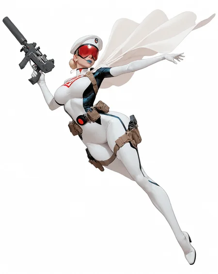 solo, (full body shot, wide shot:1.2), 1girl, (30 year old Russian woman:1.2), beautiful female cyborg spy, fair skin, (white with light blue accents superhero bodysuit with armor padding:1.3), white body armor vest, thigh pistol holsters, white cloak, white military beret, cyborg, cybernetic seams, utility belt, blue eyes, epic red visor, long blonde hair, hair bun, white arm length gloves, slim waist, (toned body:1.1), (large breasts:1.2), wide hips, ultra detailed face, (blue lips:1.2), confident closed mouth smile, strong jaw line, white thigh high superhero boots, (shooting a uzi machine pistol with a suppressor:1.2), white background, (dynamic pose, dynamic composition, dynamic angle:1.2), digital painting, masterpiece, best quality, very awa, absurdres, 8k, comic art style,  <lora:NOOB_vp1_detailer_by_volnovik_v1:0.6> <lora:noobai_vpred_1_aqm_complete_v3:0.3> masterpiece, best quality, very aesthetic <lora:HyperdetailedColoredPencilIl:0.3> ArsMJStyle, Colored pencil hyperdetailed realism <lora:ponyv6_noobE11_2_adamW:0.3> <lora:illustriousXL_stabilizer_v1.7:0.4> <lora:Comics_IllustriousXL_Lora:0.3> C0M1C5 Style <lora:Superhero_Aesthetic_Illustrious:0.3> SUP3RH3R0 Style, comic art style, <lora:Carlos GomezStyleilluLYCO:0.3> cgstyle, (borderless), <lora:ppw_v7_Illuv1.0_1_r2:0.2>, <lora:anatomy_helper:1> <lora:Uzi_-_Machine_Pistol:0.8>