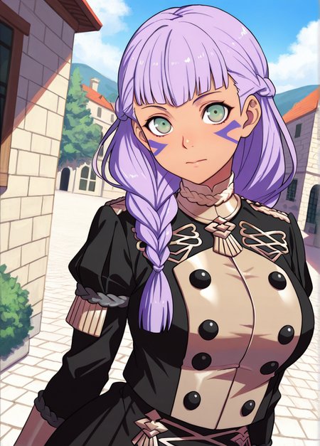 masterpiece, best quality, amazing quality, very aesthetic, absurdres, newest, detailed background, cowboy shot, outdoors, dynamic angle,
fireemblemxd, 1girl, garreg mach monastery uniform, solo, braid, brown eyes, facial mark, long hair, purple hair, upper body, uniform, dark skin, closed mouth, dark-skinned female, breasts
looking at viewer, dynamic pose, 
 <lora:Fire_Emblem_Style:1>