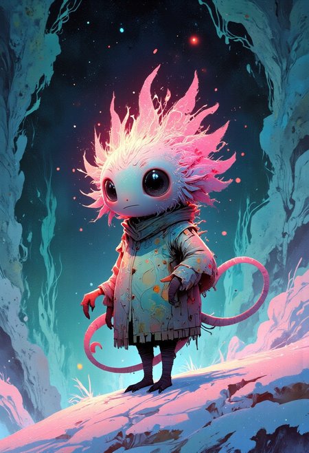 Radiant, big-eyed creature with intricate feathers amidst a prismatic ice cave, snowing pastel hues. Vibrant light refracts throughout, casting kaleidoscopic colors on swirling fractal formations. Photorealistic 3D render.