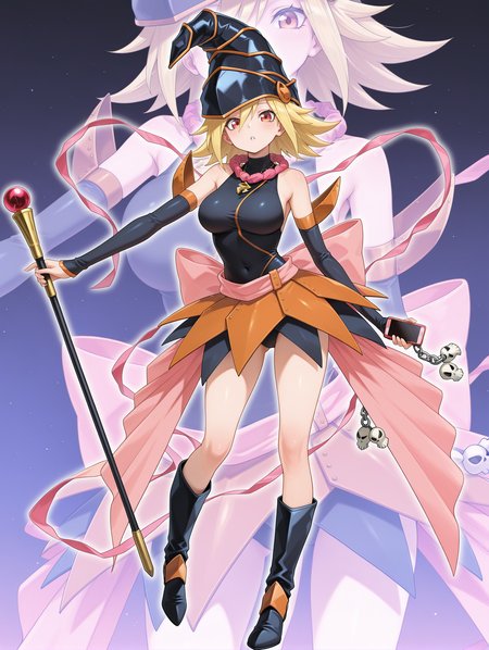 gagaga girl,1girl,solo,holding smartphone,smartphone,full body,looking at viewer,medium breasts,parted lips,open mouth,standing,staff,large breasts,black skirt,black wizard hat,black leotard,black knee boots,black detached sleeves,pink ribbon,pink necklace,holding staff,zoom layer,gradient background,gold necklace,skull cellphone charm,
masterpiece,best quality,amazing quality,very aesthetic,absurdres,newest,<lora:Gagaga girl illuXL v1.2:0.74>,