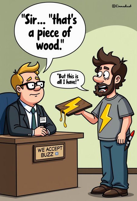 "Cartoon image of two individuals having a conversation. Flux, a bespectacled individual wearing a suit and nametag, sits behind a desk with a plaque that reads "We Accept Buzz". Flux says "Sir... that's a piece of wood" in a speech bubble, looking unimpressed. Across from Flux is a second individual, wearing a shirt that reads "Cinnadust", who is standing and holding out a plank of wood with a freshly painted golden yellow thunderbolt on it. The individual is extremely emotional, crying absurdly and saying "But this is all I have!" in a speech bubble. A paintbrush is visible in their back pocket, with the tip still wet with dripping yellow paint. The plank of wood is being offered to Flux, who looks uninterested. Style: cartoonish, exaggerated, and humorous, with a focus on capturing the absurdity and emotion of the conversation." Highest quality, 4k, masterpiece