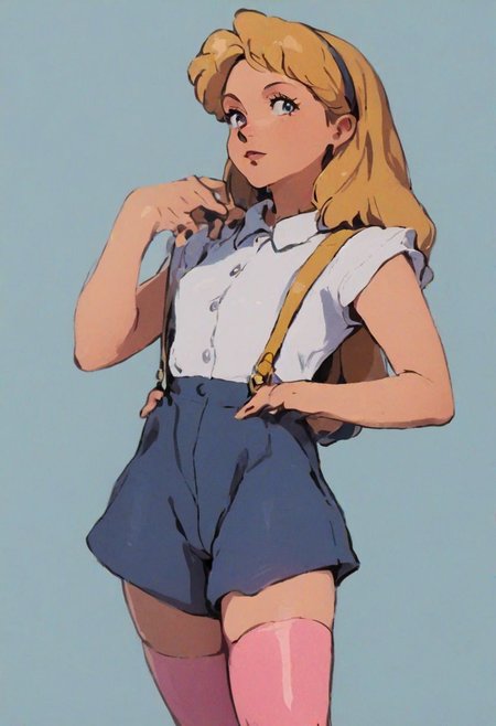 score_9, score_8_up, score_8, source_anime, rating_questionable, 
30yo Alice from wonderland,  classic pinup model, shorts, suspenders, shirtless, pink thigh high stockings, yellow headband, norman rockwell style, 90s4n1m3
