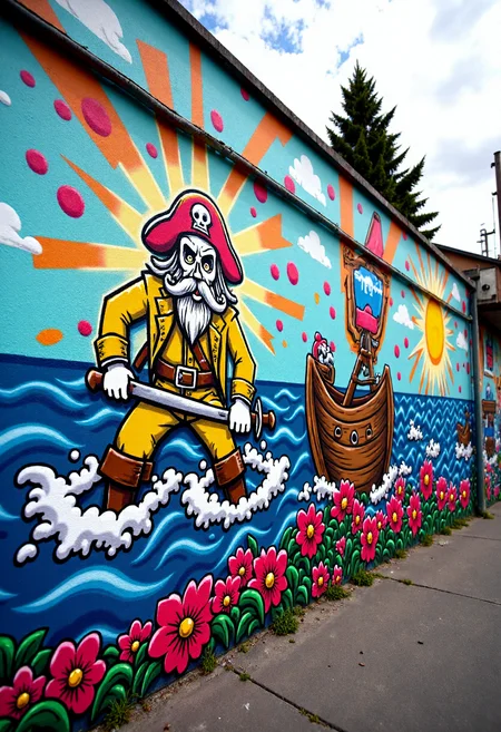 <lora:Brick_Wall_Graffiti_FLUX:1>
This photograph captures a vibrant, detailed mural on a wall, painted in a bold, cartoonish style. The mural features a stylized depiction of  a pirate captain wielding a cutlass