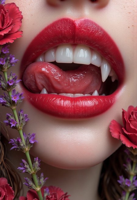 Midjourney_Whisper,A close-up of a woman's lips. She has detailed skin and a very long demonic tongue. Her tongue is long and forked like a snake. Her tongue is curly and are touching her plump lips, lip filler, vibrant red blood lavenders flowers  symbolizing beauty and growth. big lips, bimbo lips, The flowers are red like blood blending harmoniously with the natural lip color. Vampire teeth, vampire fangs, long fangs. The scene is highly detailed, with a focus on the soft texture of the lips and the rich. The background is softly blurred, drawing attention to the blooming effect around the lips.