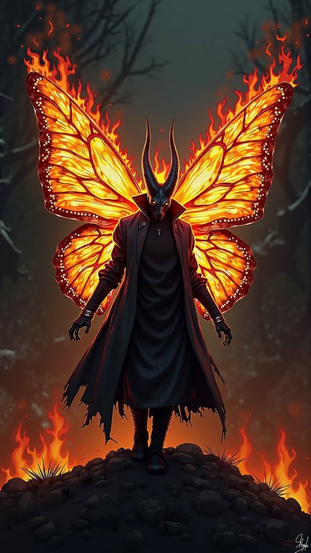 An image of a KrampusStyle a butterfly made of fire, dark colors, calming atmosphere, dramatic lighting, cinematic, establishing shot, extremely high detail, photo realistic, cinematic lighting, pen and ink, intricate line drawings, by Yoshitaka Amano, Ruan Jia, Kentaro Miura, Artgerm, post processed, concept art, artstation, matte painting, style by eddie mendoza, raphael lacoste, alex ross. Dark, atmospheric and moody atmosphere. black, dark, moody
<lora:KrampusStyleFlux:__wildcards/numbers/07-09__>