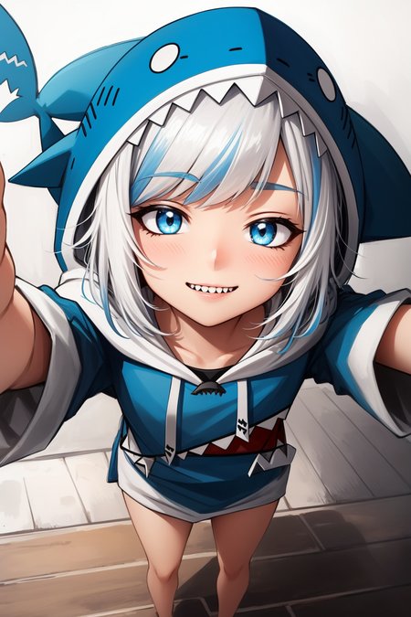 best quality, intricate details, full body, standing, cute pose, smirking, evil look,  

1girl, white hair, blue eyes, sharp eyes,messy hair, blue highlights, sharp teeth, 

blue hoodie, shark teeth design, bare legs, hair ornament,  gawr gura  ,shark girl, shark tail, shark print, blue hoodie, sharp teeth, shark hair ornament,  <lora:gawrGuraHololive_v3:0.8>    <lora:incomingKissConcept_v10:0.8> (def1, face focus, close-up:1.3)