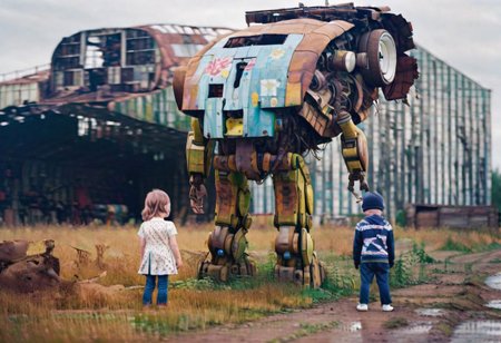 (((ultra high quality photo:1.8))) "vast overgrown field, extremely huge decrepit android, , aged and neglected appearance, advanced technology remnants, natural overgrowth, contrast between nature and forgotten futuristic elements"  a rusted car next to the robot, barn in the distance,  (((new robot)) walking with a child (holding hands) Simon Stlenhag Style, photo in phst artstyle, film photography style, light grain,