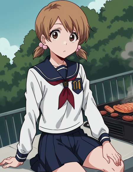 score_9, score_8_up, score_7_up, source_anime, <lora:yuzu-kurosaki-anime-ponyxl-lora-nochekaiser:1>, yuzu, short hair, brown hair, brown eyes,, twintails, short twintails, school uniform, serafuku, neckerchief, red neckerchief, skirt, blue skirt, pleated skirt, long sleeves, white shirt, shirt, sailor collar, blue sailor collar,, backyard, barbecue, grilling, laughter, summer evening, , looking at viewer, hand on thigh, elbow bent, foot pointed, solo,, cowboy shot, dutch angle