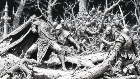 terror horror fantasy landscape, graveyard, comics, very detailed medieval warrior  holding a sword fighting against a group of esquletons, vampires and monsters, (multilayer paint splash style),  <lora:Hand v2:1> <lora:Anti-Blur:1> <lora:Insane Detail Slider:0.5>   <lora:Flux.1_Turbo_Detailer:0.6>   <lora:flux-photo-transparent_Alpha_1.0:0.8> <lora:flux.1_lora_flyway_Epic-detail_v2:1>   <lora:FluxMythP0rtr4itStyle:0.8> mythp0rt <lora:zy_Dark_Fantasy_Flux:0.5> <lora:Wraith_BW_Flux:0.2> B&W