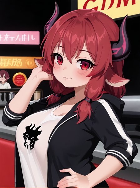 detailed background, shiny skin,  posing, rating safe, 
<lora:grimgrim.pony:1>
grimgrim, goatchan, 
clothed girl, upper body, 
casual clothing, shirts, jacket,