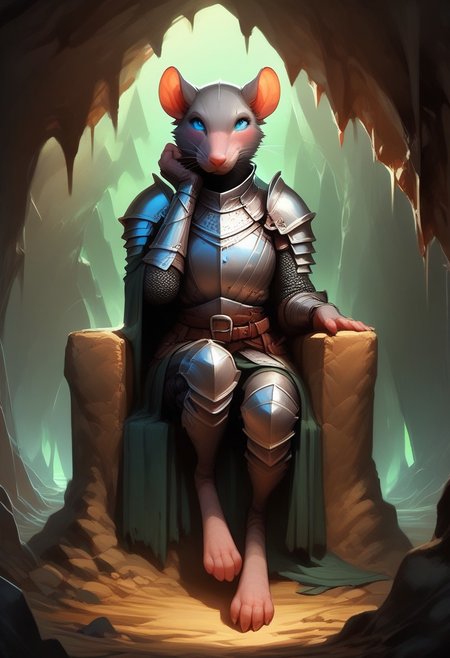 score_9, score_8_up, score_7_up, score_6_up, 1 anthro skaven girl, sexy face, wearing knight female armor, wearing helmet, sword in hand, cute face, blue eyes, hazel red eyes, shy, nose blush, medium boobs, chest up, grey fur, bald, fullbody, smirking, (dark green glowing cave background), front view, full body view, distance, sitting on armchair,
