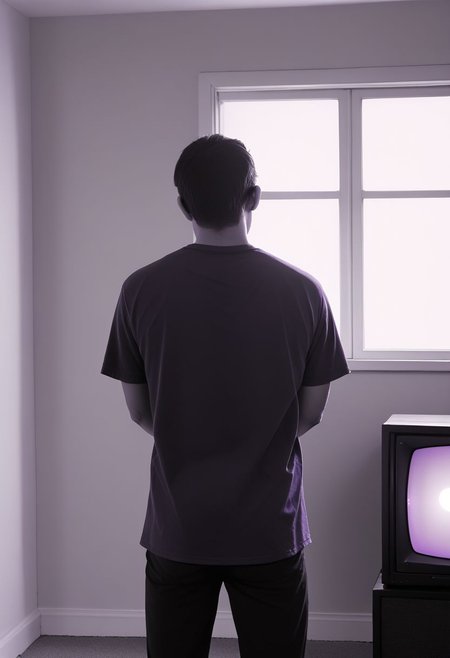 dzktxez, 1boy, male focus, purple theme, solo, from behind, window, silhouette, glowing, indoors, short sleeves, shirt, standing, retro, television, realistic, tv, zPDXL