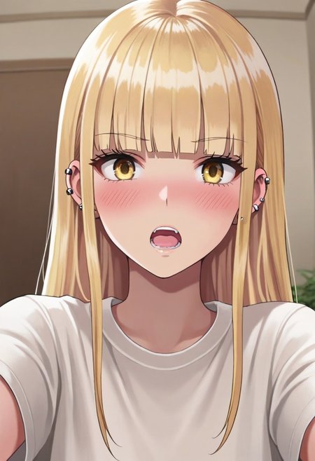 masterpiece,best quality,amazing quality, ruriko, long hair, blonde hair, yellow eyes, 1girl, blush, solo, open mouth, shirt, looking at viewer, piercing, white shirt, ear piercing, blunt bangs, upper body