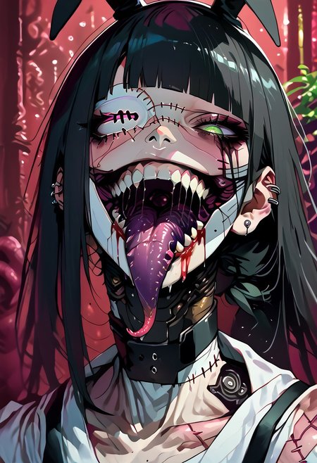 score_9, score_8_up, score_8, rating_explicit, 1man, muscular body,  solo, long hair, black hair, hime cut, blunt bangs, black eyeliner ,   pink nipples,  , feminine face,  multiple ear piercings, mole under eye, mole under lips, mole on chest, loose foreskin, black chocker, green eyes, ponytail,  Rabbit Ear Bow Headband, eyelashes,  pectorals, eyeshadow, parted lips, toned, muscular, collarbone, eyepatch,   big chest, veiny skin, black veins visible under skin,  tongue  out, saliva, saliva trail,  bloody knife, Zombie, exposed spine, hole in stomach, tentacles in mouth, tentacles, (((stitches))), injury, scars, (((injury))), (((scars))), blood, black tears, smiling, grinning, black lips, (((bandages))),  long tongue, sticking out tongue, black tongue, very long tongue, scary, <lora:tentaclesmouth:1>,tentacles,