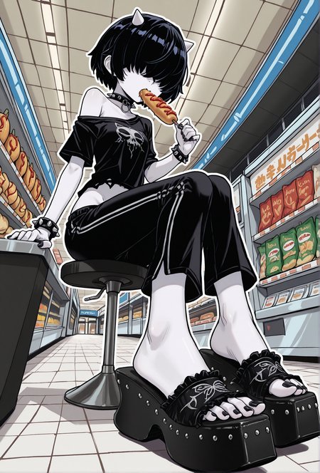masterpiece, best quality, 
(torn shirt), 
(low angle:1.2), foreshortening,
from side,
feet, toes, perfect feet, 5 toes, (detailed feet), 
(black toenail polish:1.1),
(aiermei sandals), foot focus, black footwear, (platform footwear:1.1),
short hair, (hair over eyes:1.2), black hair,
nsfw, 1girl,
spike choker, spike bracelets,
expressionless,
(goth:1.2),
(pale skin:1.2), (white skin:1.1),
cuteness fang, (small white cone horns),
medium breasts, petite, (narrow hips:1.2),
(thin legs:1.15), (skinny legs:1.15), (slender legs:1.1), (slender torso:1.2), 
oversized shirt, off shoulder shirt, (very loose shirt:1.2),  
(capri pants:1.1), sweatpants, (loose pants:1.1), (lowleg:1.2), groin,
shopping mall food court, sitting on a table, bright background, busy background,
(eating a corndog),