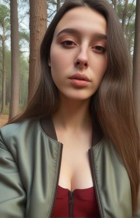 Stable_Yogis_PDXL_Positives <lora:Virtual_Babes_1_By_Stable_Yogi_SDXL8:0.8>
 88babes-girl88, long hair,  brown hair, realistic, brown eyes, face close up, red shirt, 
beautiful, realistic, real_life.
 (( wearing Bomber jacket,   forest trail with tall, ancient oaks , face close up))