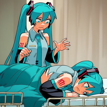 score_8, score_8_up, score_7_up, lo_su_qu, 2girls, female focus, twins, Hatsune Miku, aqua hair, twintails, aqua eyes, necktie, collared shirt, sleeveless, detached sleeves, tattoo, skirt, pleated skirt, standing, frown, looking down,  hands up, lying, on side, on bed, under covers, hospital bed, indoors,