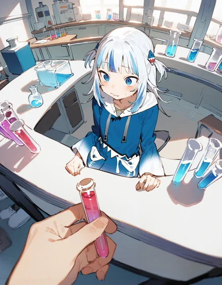povhldg test tube, pov hands,
1girl, gawr gura, toridamono,
(confused, ?:1.2), full body, sitting, wavy mouth, 
laboratory, perspective, indoors, loaded interior, test tube, desk, from above,
best quality, masterpiece
<lora:concept_povholding_res:1>