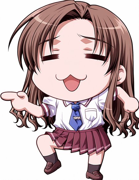 masterpiece, best quality, amazing quality, official art, ultra highres, very aesthetic,
1girl, solo, shizutani_shion, long hair, brown hair, = =, 
school uniform, necktie, pleated skirt  BREAK  
genba_neko,(chibi:1.3),pointing,standing on one leg,:3,open mouth,meme,parody, simple background, white background, full body
<lora:shizutani shion v1.0-000011:1> <lora:genba_neko_like_IL_v1:1>