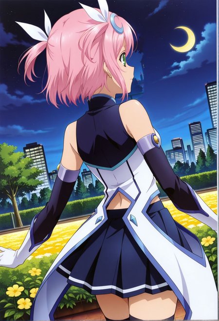 detailed eyes, beautiful, detailed background, perfect eyes,
source_anime, very aesthetic, anime coloring, masterpiece, official art,
<lora:HandFineTuning_XL:1>
BREAK,
garden, flowers, cityscape, trees, night,
dynamic angle, from behind,
cowboy shot, dynamic  angle, posing, 
BREAK,
<lora:estelleX_illustriousXL_v03:0.9>
estellernd, estellems, pink hair, short hair, green eyes, bangs, 
bare shoulders, black thighhighs, pleated skirt, miniskirt, twintails, two side up, short twintails, white dress, crescent hair ornament, elbow gloves, detached sleeves, navel,
white footwear,