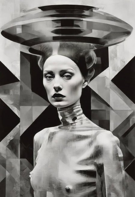 Monochrome black and white, Dali, Magritte, Delvaux, Bellmer, Malevitch, Rodchenko, Mondrian, Kandinsky, Popovna, psychedelic hallucination, pop surrealism, rough crosshatch drawing pop art Lunatic_Portrait of a young girl in latex, slick back, low bun, black makeup, sinister expression, intense glare, avant-garde, abstract, weird, geometric, constructivism, suprematism, rayonism, verticism, lineism, tj