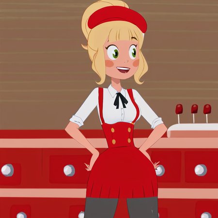 <lora:MissTinker_pony_v1:.8>  MissTinker, 1girl, blush stickers, blonde hair, green eyes, single hair bun,  breasts, sidelocks, bangs, cowboy shot,  <lora:0902 Home wear 5_v1_pony:1> ruanyi0902,beret,black ribbon,collared shirt,black pantyhose,high-waist skirt,white shirt,suspenders