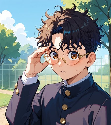 score_9,score_8_up,score_7_up,masterpiece, best quality, <lora:WHM 0.2v:0.5>, WHM, 2D,anime,  
<lora:HandFixer_pdxl_Incrs_v1:0.5>,   
1boy, solo,
 hand on glasses,blush, serious, looking at viewer, parted lips, surprised, embarrassed, blush, 
school, daytime, outdoors, (fence wall ),small concretel, 
tree,
BREAK
 <lora:okarun_pony:0.7> 1boy, okarun, black hair, curly hair, brown eyes, (glasses),black dress, long sleeves, 
(black gakuran:1.4),  gold buttons,