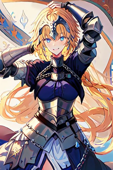 solo, 1girl, solo_focus, 
jeanne_d_arc_fgo, blonde_hair, long_hair, blue_eyes, breasts, very_long_hair, headpiece, smile, braid, gauntlets, single_braid, large_breasts, bangs, chain