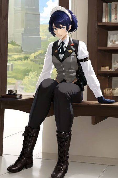 solo, 1girl, solo_focus, (((masterpiece))), ((best quality)), ((ultra-detailed)), ((too_many)):16, high resolution, absurdres, highres, ultra-detailed 8k unity wallpaper, 
kikunop3, maid headdress, vest, shirt, gloves, pants, boots, holster
