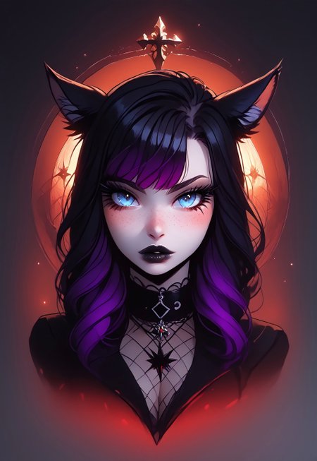 safe_pos, score_9,score_8_up,score_7_up,score_6_up, Goth girl 1girl, Goth girl, miqo'te, FemmeMiq, cat girl, cat ears, animal ears, animal ear fluff, ((woman with long black hair with purple highlights)), bangs, freckles, bold makeup, black lips, long eyelashes, eyeliner, ((large expressive blue eyes)), hourglass figure, medium breast, perky breast, perfect round ass, dark eyeliner, long eyelashes, dark pupils, high contrast shadows, high res image, masterpiece, dynamic shot, <lora:Expressive_H:0.65>, <lora:incase-ilff-v3-4:0.5> <lora:g0th1cPXL:0.45>, <lora:princess_pony_v1:0.1> <lora:Branwen_QBR:0.7>, high gradient eyes, eyesHD, dynamic pose, dynamic, detailed eyes, high definition eyes, amazing quality, wallpaper, looking at viewer, full body, goth clothes, choker, high shoes, fishnet, c4stl3, sc3n3ry, twilight, 
