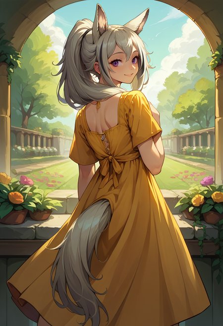 score_9, score_8_up, source_anime, 1girl, solo, GraniArk, animal ears, long hair, high ponytail, streaked hair, tail, from behind, yellow sundress, garden, day, sunshine, smile, looking back, <lora:ChamGraniArknightsPonyXL:1>