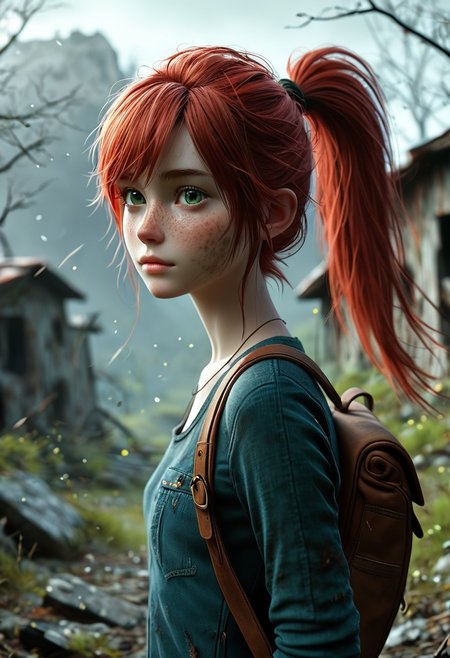 score_9, score_8_up, score_7_up,  1woman,  Masterpiece, 4k, ultra high detail, 21yo, small_breast_size, long red ponytail hair, fcNeg, stunning green eyes, freckles, white skin, small nose, innocent beauty, slim cute face,  skinny body, red hair, adult woman, 
Alerted look, dry tears, dirty clothes, dirty face, 
 particles, 
Dark sky with stormclouds, ash, falling Ash like dark snow, ruins, wasteland, cityruins, lightly torn dark gamer_shirt, heavy_torn_dirty_skinny_jeans, dirty_clothes, used_camping_backpack,
End of the World, 
negative_hand, NightScapes, ng_deepnegative_v1_75t, green eyes, perfecteyes,