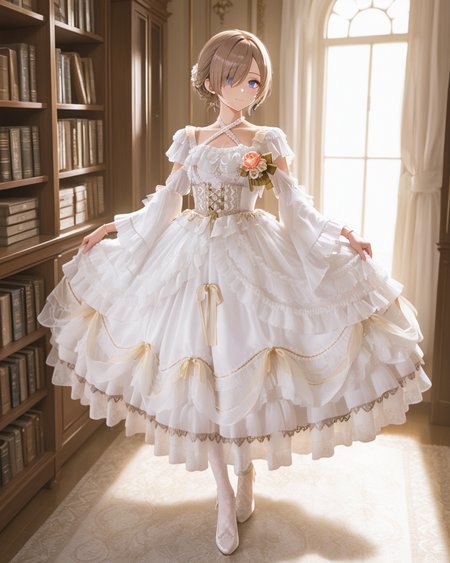 Positive: Masterpiece, best quality, amazing quality, very aesthetic, high resolution, ultra-detailed, absurdres,
1girl, solo, 
brown hair,short hair,blue eyes,
hair over one eye,
white off-shoulder lace ruffled dress,
white dress,white off-shoulder,lace,frills,
criss-cross halter,
corsage,jewelry,
long sleeves,detached sleeves,
white pumps,white lace pantyhose,
standing,Sunlight, windows, bookcase, 