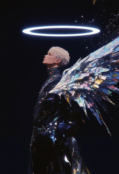 A close-up portrait of a man with dark silver wings, slightly metallic and angular in design. A sharp, neon-blue halo hovers one foot above his head, casting a soft blue glow. He is dressed in avant-garde attire made from oversized synthetic fabric, featuring a high-collared jacket with exaggerated lapels and flowing cape-like extensions. The background is solid black, punctuated with a scattering of small holographic glitter particles, catching light with iridescent reflections to enhance the futuristic atmosphere.