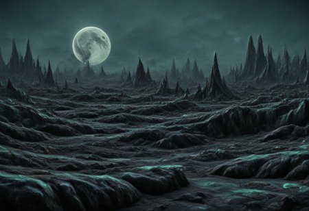 A beautiful landscape at night on an alien world, dramatic lighting, large moon in the sky, jade rocks, waterfalls, deep crevices, uhd, ultra-detailed, photography, f/8 photo, monoprone, nmskyrim