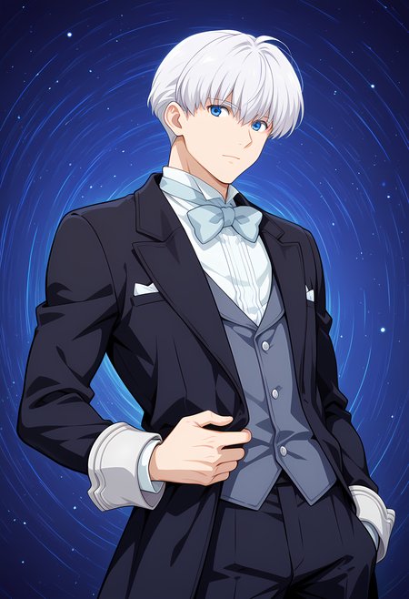masterpiece, best quality, amazing quality, dutch angle, abstract backgroung, BREAK
solo, male, 1boy, xen_billy, white hair, short hair, blue eyes, black tuxedo, formal, bow tie, BREAK
 <lora:cfg_scale_boost:.6>   <lora:Billy_Lee_Black_-_Xenogears_-_ILXL:.8>