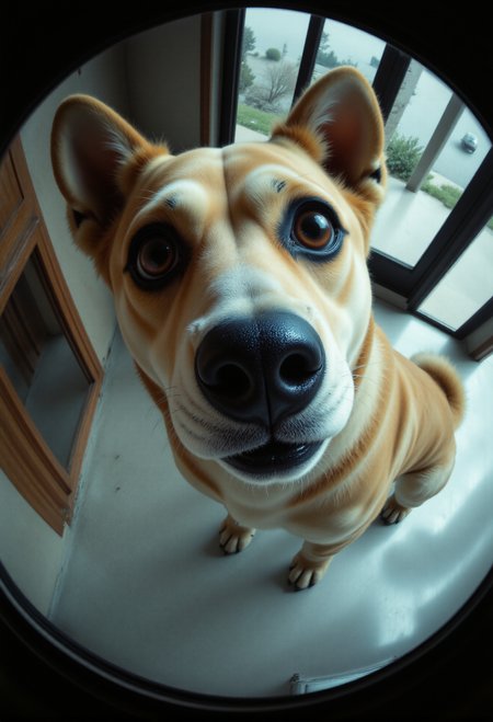 (fisheye lens:4.0), close-up of a confused dog looking at the camera deep depth of field, hyperdetailed photography, masterpiece, best quality, high quality, highres, ultra-detailed, best quality, 8K, high resolution, extreme detail aidmacatched