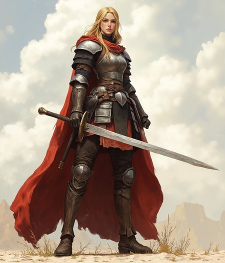 concept art a woman in simple armor holding a sword and a red cape blonde hair . digital artwork, illustrative, painterly, matte painting, highly detailed