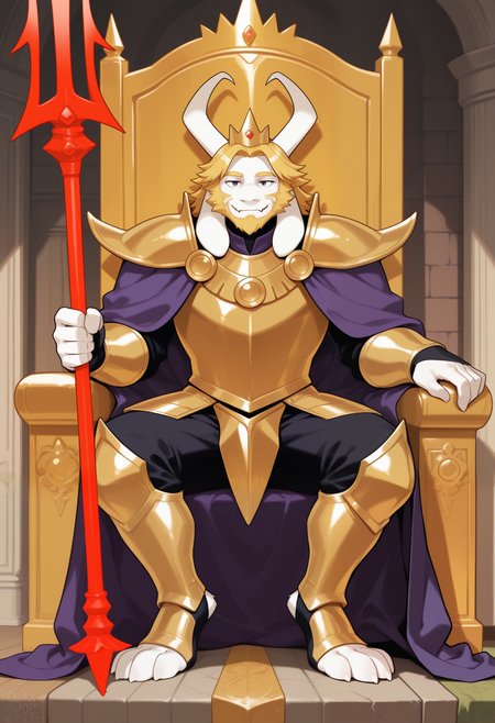 masterpiece,best quality,amazing quality, 1boy, solo, 4sg0r3, gold armor, gold gauntlets, black undershirt, gold crown, gold crotch plate, gold tassets, gold greaves, furry male, purple cape, black pants, gold chestplate, gold pauldrons, red trident, polearm, golden throne, inside, garden around throne,