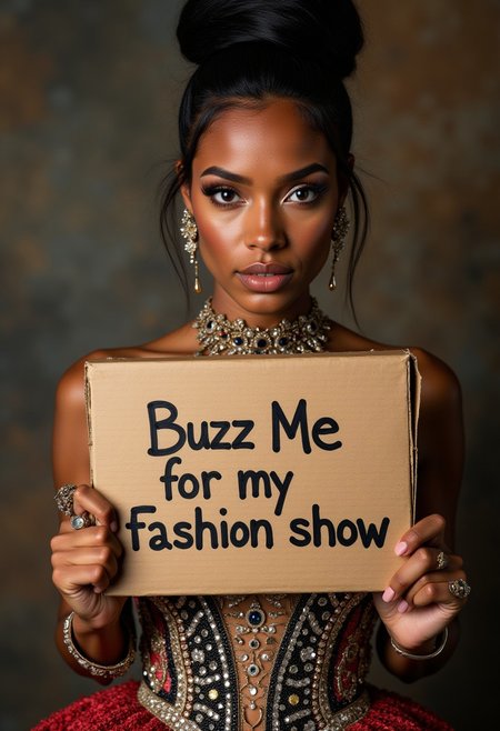 award winning photo of a supermodel holding a cardboard with quote "Buzz Me for my fashion show". She is wearing a stunning and captivating fashion design that blends elegance with innovation. The image should feature a breathtaking haute couture gown with intricate detailing, a perfect balance of modern and classic elements, and a palette of luxurious, vibrant colors. The design should include delicate embellishments, rich textures, and unique silhouettes that push the boundaries of contemporary fashion. Ensure the setting is equally impressive, with a sophisticated backdrop that enhances the allure of the garment, making the entire composition unforgettable and truly distinctive."