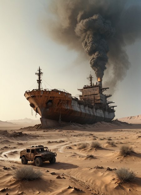 post-apocalypse, rusty oil ship tanker in the desert in the form of a raider base, scorpio in the foreground, side shot, dregs, particles, glare, High detailed RAW color Photo, 8k,  <lora:detailed_notrigger:0.8> <lora:Desolation:0.5>