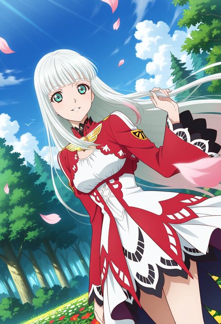 light smile, parted lips, hand on hair, floating petals,
cowboy shot, dynamic angle,
BREAK,
<lora:lailahI_illustriousXL_v04:1>
lailahdef, silver hair, very long hair, multicolored hair, blunt bangs, pink hair, aqua eyes, straight hair,
laced collar, breast cutout, jewelry, sidelocks, white dress, red dress, multi-colored dress, long sleeves, red sleeves, wide sleeves, white overskirt,
high heels, red heels,, source_anime, very aesthetic, anime coloring, masterpiece, 
best quality, amazing quality, ultra detailed, very aesthetic, 
detailed background, 
BREAK,, forest, flowers, clouds, day, floating leaves,