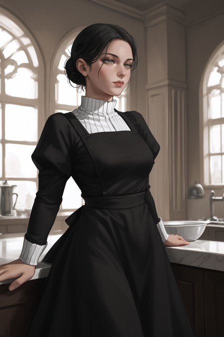 score_9, score_8_up, score_7_up, BREAK source_anime, <lora:Lara Tybur-PonyXL-lora-Faxtron:1> lara tybur, grey eyes, black hair, single hair bun, medium breasts, black dress, long sleeves, juliet sleeves, apron,
