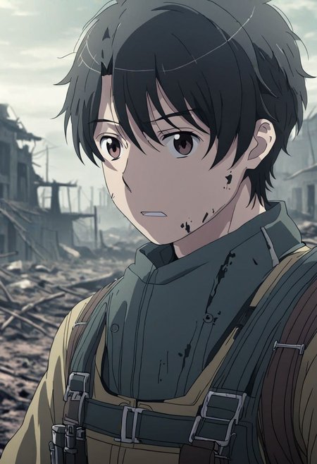 high resolution, solo, best quality, 1Boy, Inaho Kaizuka, Black Hair, Brown Eyes, shallow depth of field, Post-Apocalyptic, survival, OverallDetail