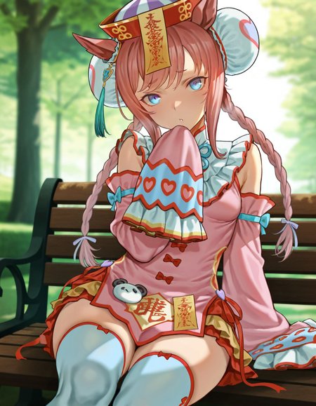 masterpiece, best quality, amazing quality, very aesthetic, high resolution, ultra-detailed, absurdres, newest, scenery, 
1girl, solo, agnes digital \(lovely jiangshi\) \(umamusume\), blue eyes, 
sitting, hand on own chin, sleeves past fingers, white thighhights, orange footwear, 
outdoors, park, day, bench, 
cowboy shot, looking at viewer, 
<lora:lovelyjiangshiillv1:0.8>,, HDR,photo background,detailed eyes,detailed hands,detailed clothing,detailed shading,dim lighting,chiaroscuro,BREAK depth of field,masterpiece,best quality,amazing quality,very aesthetic,high resolution,ultra-detailed,absurdres,newest,scenery,volumetric lighting,