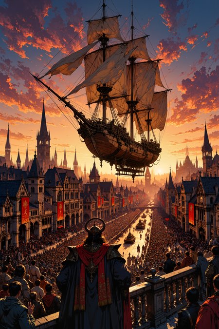 A massive crowd cheers from a bustling city square as the first airship, a magnificent blend of wood, metal, and billowing sails, takes to the sky. The cityâs leader, dressed in regal attire, stands on a balcony, watching history unfold. Engineers wipe sweat from their brows, their work realized, while merchants already plan new trade routes. In the distance, the sun sets behind towering spires, casting an orange glow over the sky, marking a new era of exploration and commerce. The overall style is reminiscent of fantasy or manga art, with a focus on dynamic action and dramatic lighting.<lora:Elden_Ring_-_Yoshitaka_Amano:0.75><lora:Mezzotint_Artstyle_for_Flux_-_by_Ethanar:0.2><lora:flux.1_lora_flyway_ink-dynamic:0.2><lora:ck-painterly-fantasy-000017:0.2><lora:FluxMythG0thicL1nes:0.4><lora:FluxMythR3tr0Style:0.8>