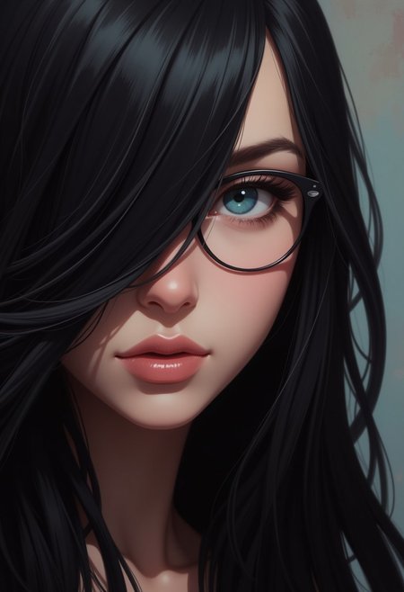 masterpiece, best quality, hyperrealistic digital painting by Jeremiah Ketner and Charlie Bowater and Stanley Artgerm and Thomas Saliot and J. Scott Campbell, shallow depth of field, bokeh, incredibly detailed, real, lifelike face, realistic, round glasses, Her long, flowing black hair falls in soft, glossy waves, gently framing her face and partially covering one side. blue eyes, deep gaze, extreme close-up, blurred background,