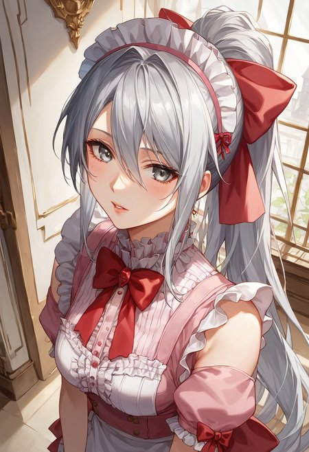 score_9, score_8_up, score_7_up, above the waist shot, standing,
8k, masterpiece, high quality, Expressiveh, best quality, , detailed, beautiful, detailed face, intricate details, highest quality-style, t, detailed background, beautiful eyes, detailed eyes, volumetric lighting, random pose
BREAK  
<lora:Felli_loss_-_Chrome_shelled_regios_-_V1:.7> felli, gray hair, gray eyes, 1girl, long hair, , pink maid, ponytail, red bow, 
<lora:Eyes_High_Definition:0.25> eyeshd
<lora:Expressive_H:1> expressiveh